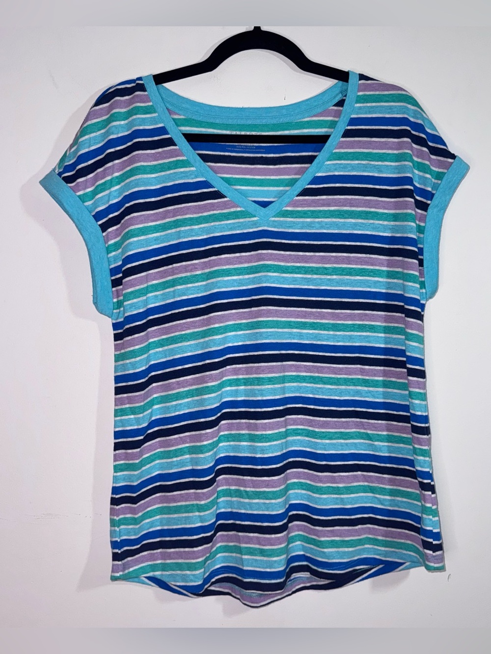 Talbots M Blue Green Purple Striped Linen Blend V Neck Short Sleeve Top